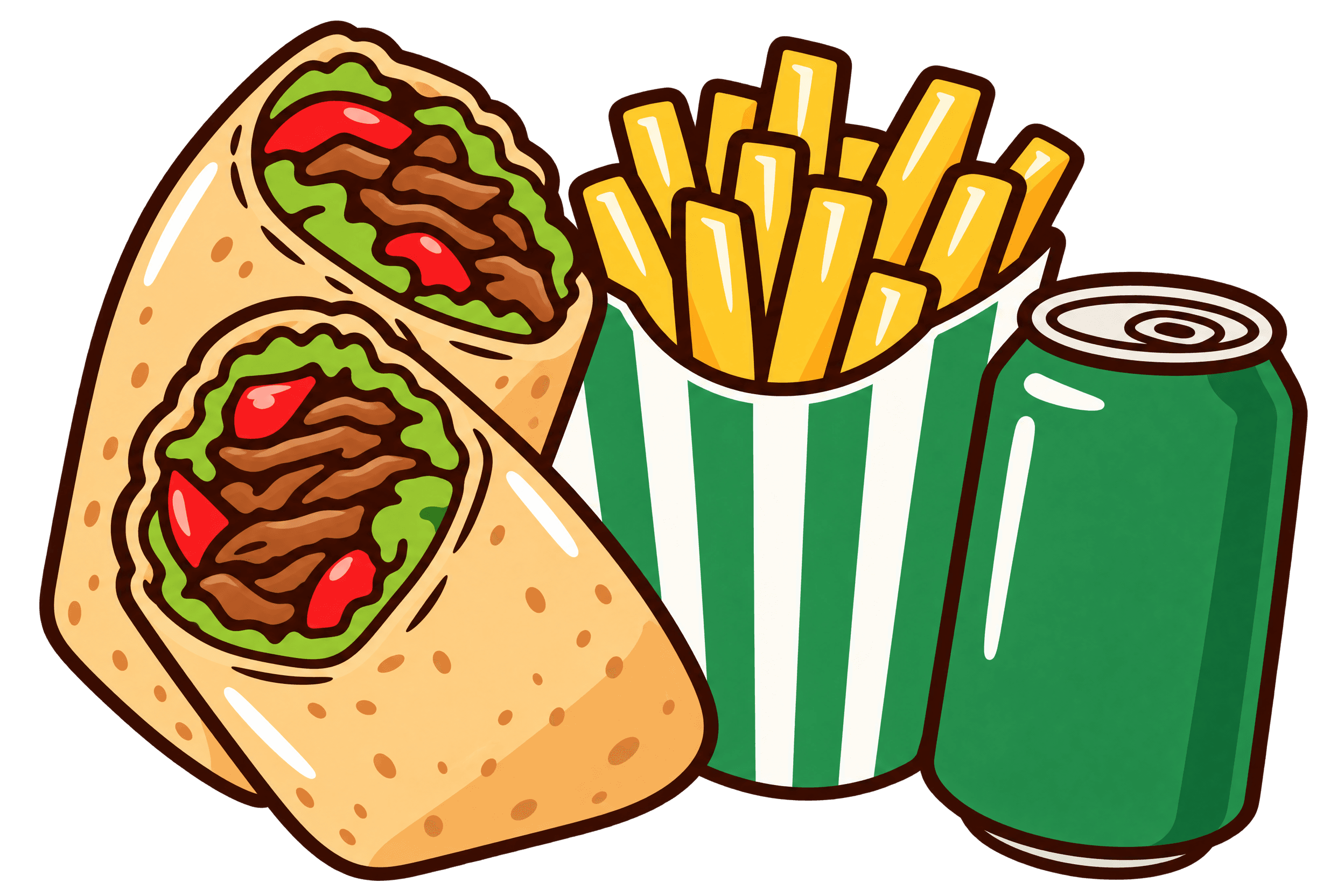 Shawerma, papas fritas y una lata de bebida